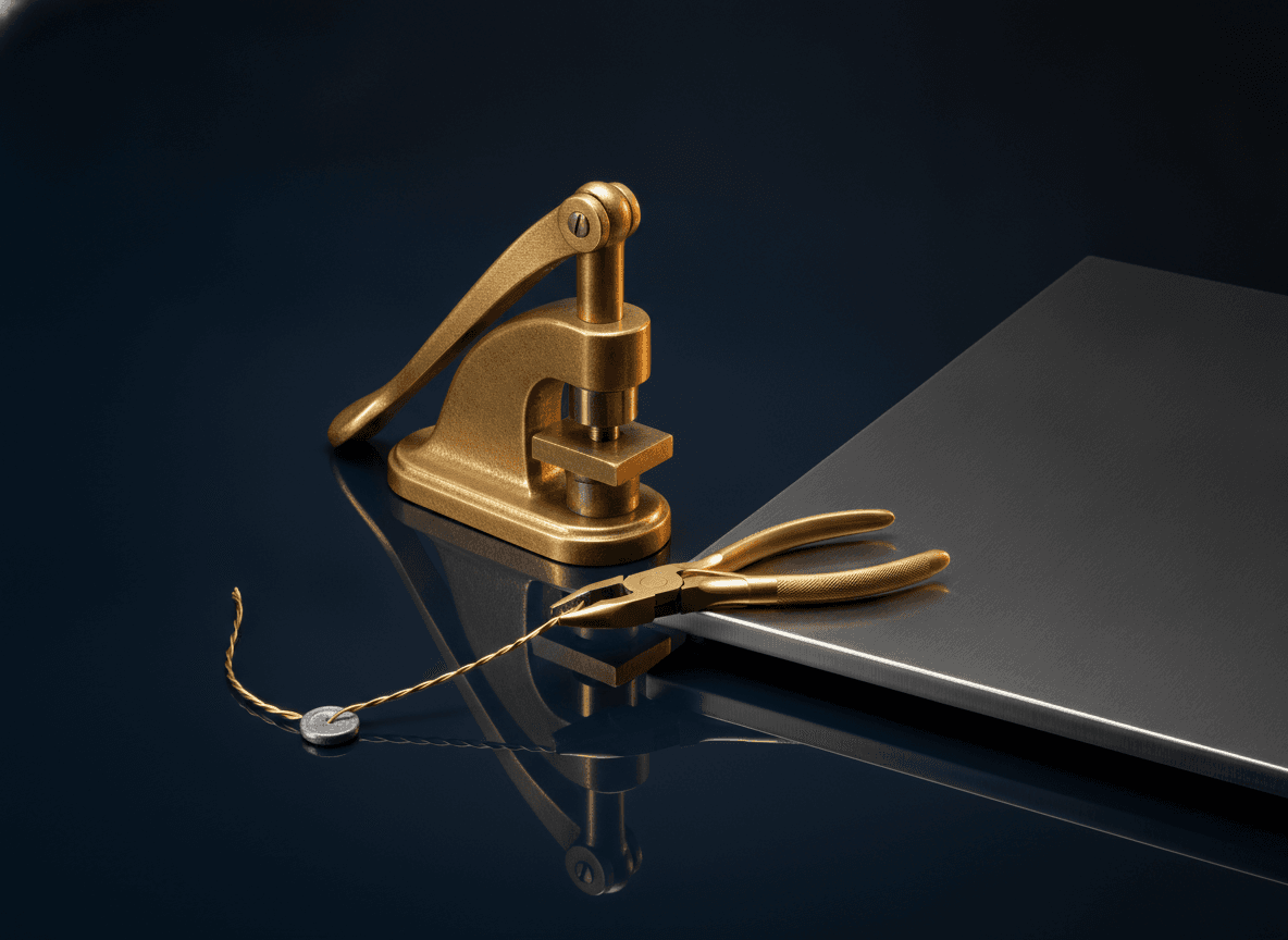 A brass legal-metrology verification seal press and sealing pliers beside a stainless weighing platform