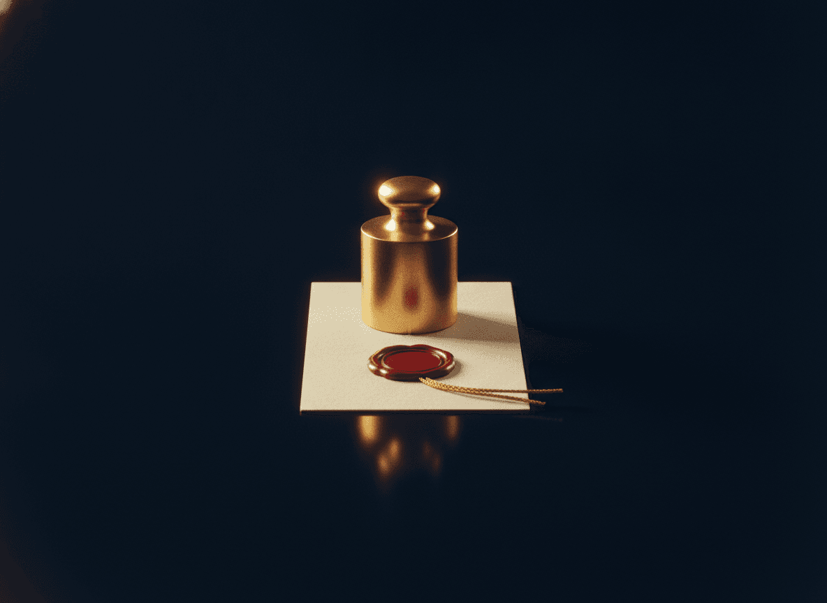 A polished brass calibration weight on a blank card sealed with red wax, on a dark studio background